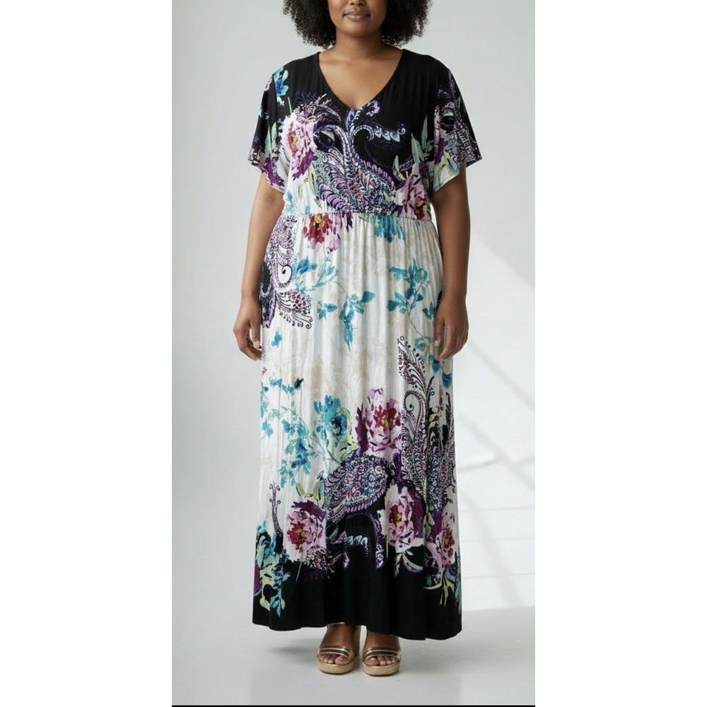 NWT Chicos Floral Paisley‎ Patchwork Maxi Dress Vibrant Flutter Sleeve V-Neck 2X